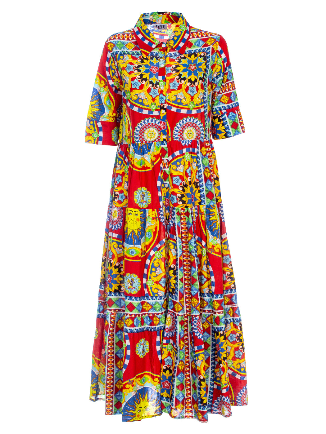 ABITO LUNGO STAMPA RED MAJOLICA PRINT CON RICAMI