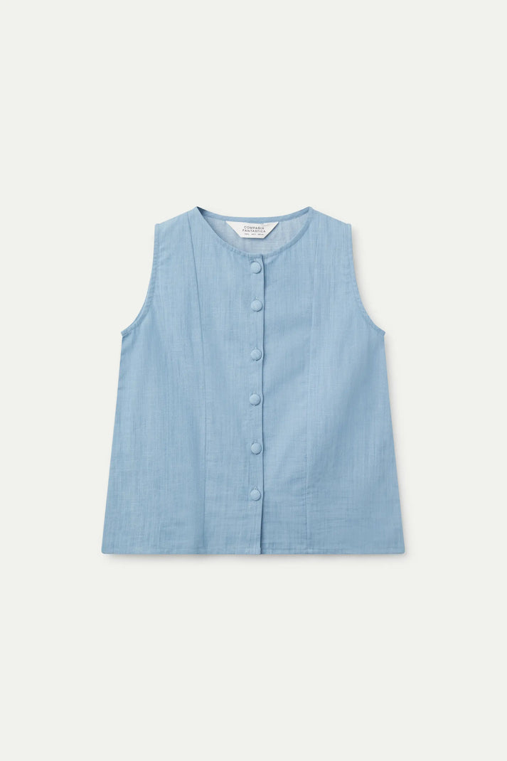 Top con bottoni effetto denim