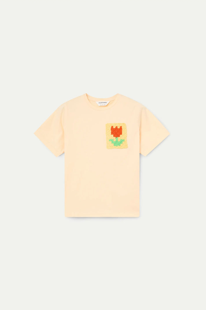 Maglietta giallo chiaro con ricamo di tulipani