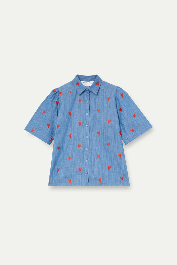 Camicia in chambray 100% cotone con cuori ricamati