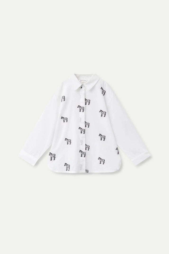 Camicia da bambina con zebra ricamata bianca