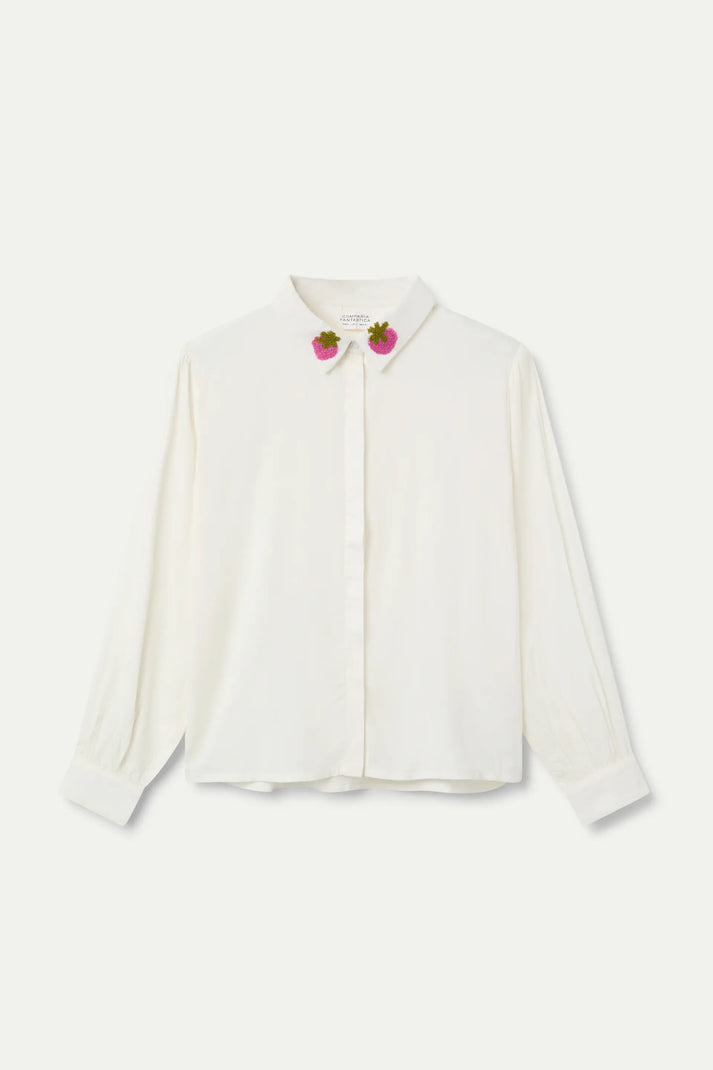 Camicia bianca con ricamo di fragole
