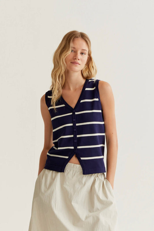 Gilet in maglia con stampa a righe blu navy e bianche