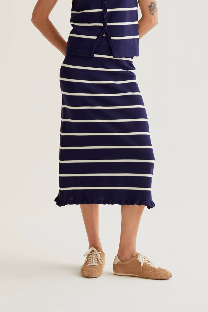 Gonna midi in maglia a righe blu navy e bianche