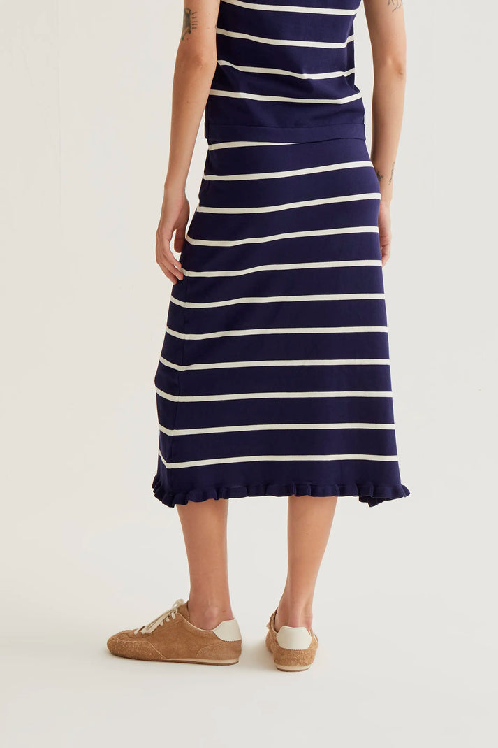 Gonna midi in maglia a righe blu navy e bianche