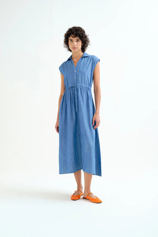Abito midi azzurro in chambray 100% cotone