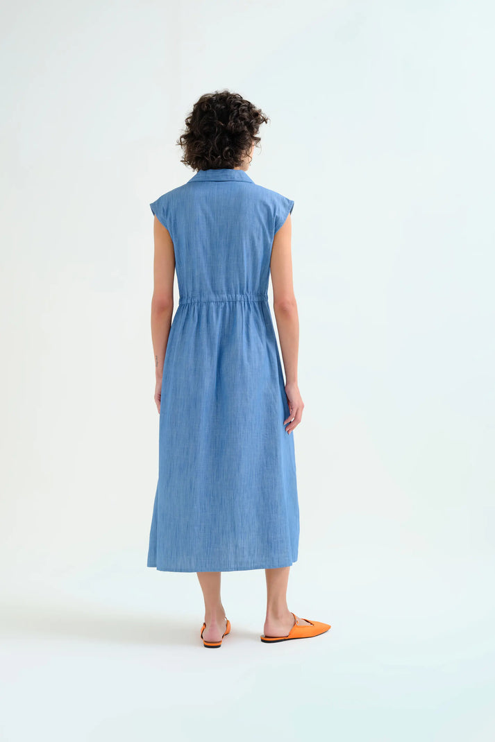 Abito midi azzurro in chambray 100% cotone