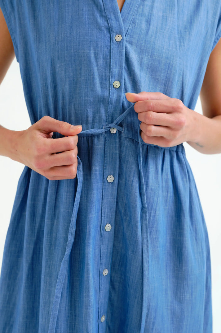 Abito midi azzurro in chambray 100% cotone