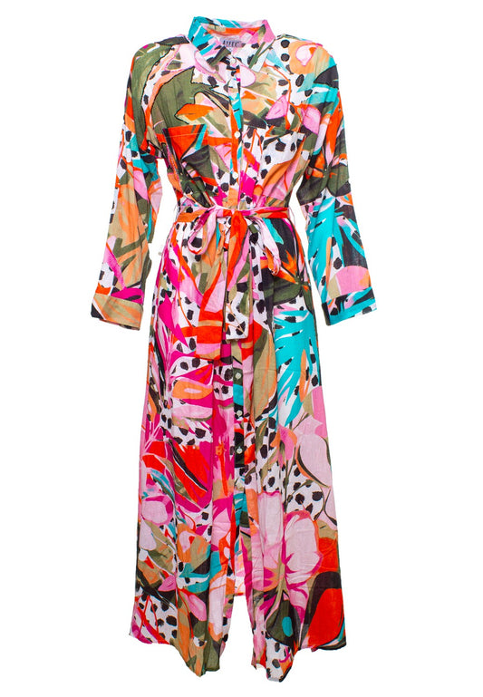 Abito lungo stampa colorata animalier con ricami