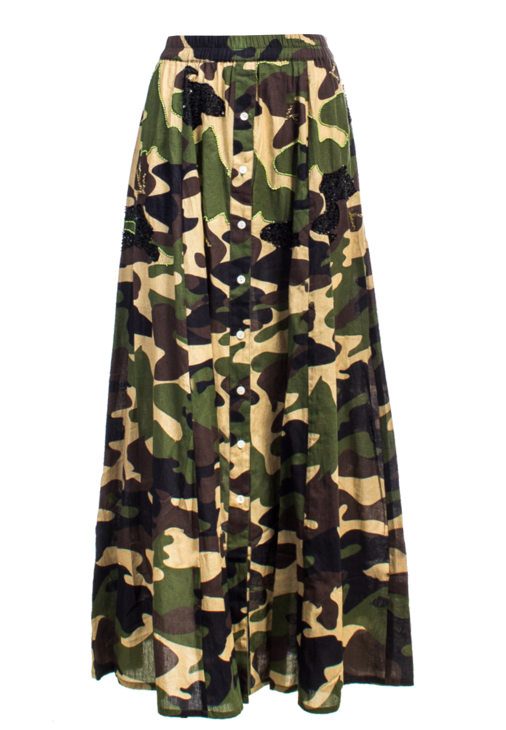 GONNA CON BOTTONE STAMPA CAMOUFLAGE + RICAMO